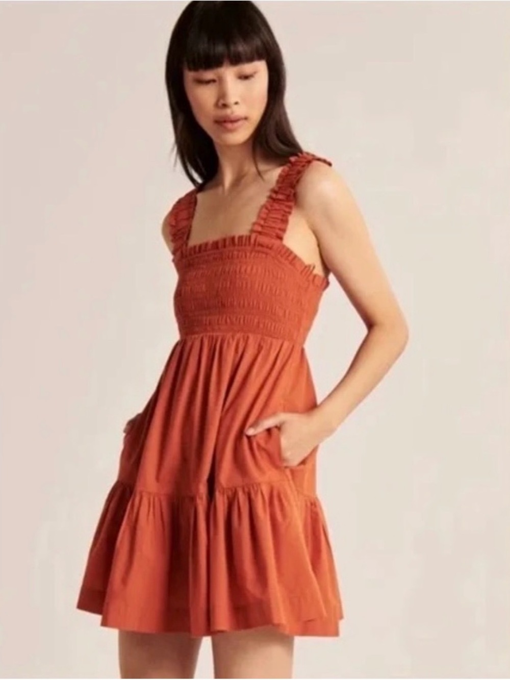Abercrombie & Fitch Rust Smocked Ruffle-Strap Mini Dress